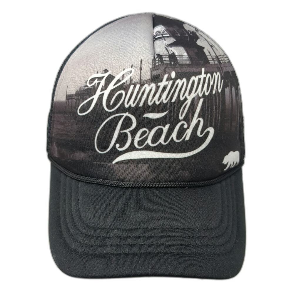 Premium Trucker Hat Black Gray One Size Huntington Beach California Pier Bear